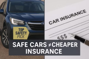 2025 Subaru Outback safe car with Top Safety Pick badge next to car insurance document showing why safe cars don’t always mean cheaper insurance in Ohio.